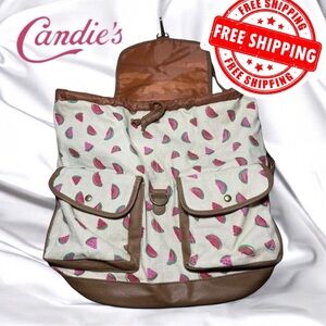 CANDIES CANVAS BACKPACK TAN WATERMELON WITH FAUX LEATHER BOTTOM FREE SHIPPING